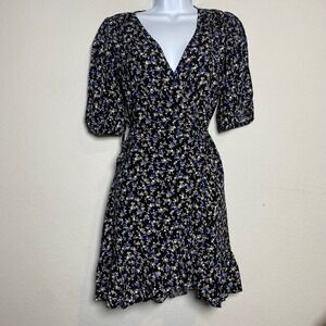 Gap True Wrap Dress XS Black Blue Floral Puff Sleeve Cottagecore Ruffle Hem Mini